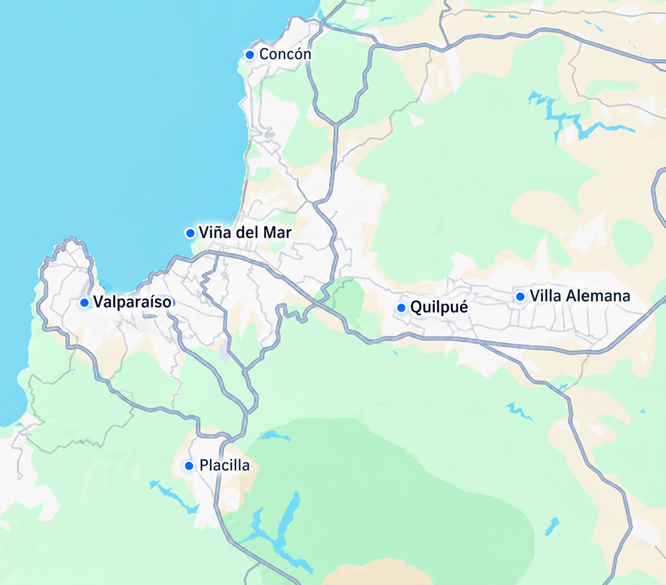 Mapa de cobertura de Badanti en la Región de Valparaíso, con las comunas y sectores de Valparaíso, Placilla, Viña del Mar, Concón, Quilpué y Villa Alemana señaladas